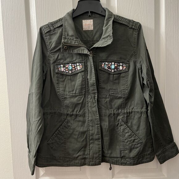 Candie's Jacket Women Olive Green Bejeweled Military Army Junior's XL Y2K Shiny - Picture 1 of 7